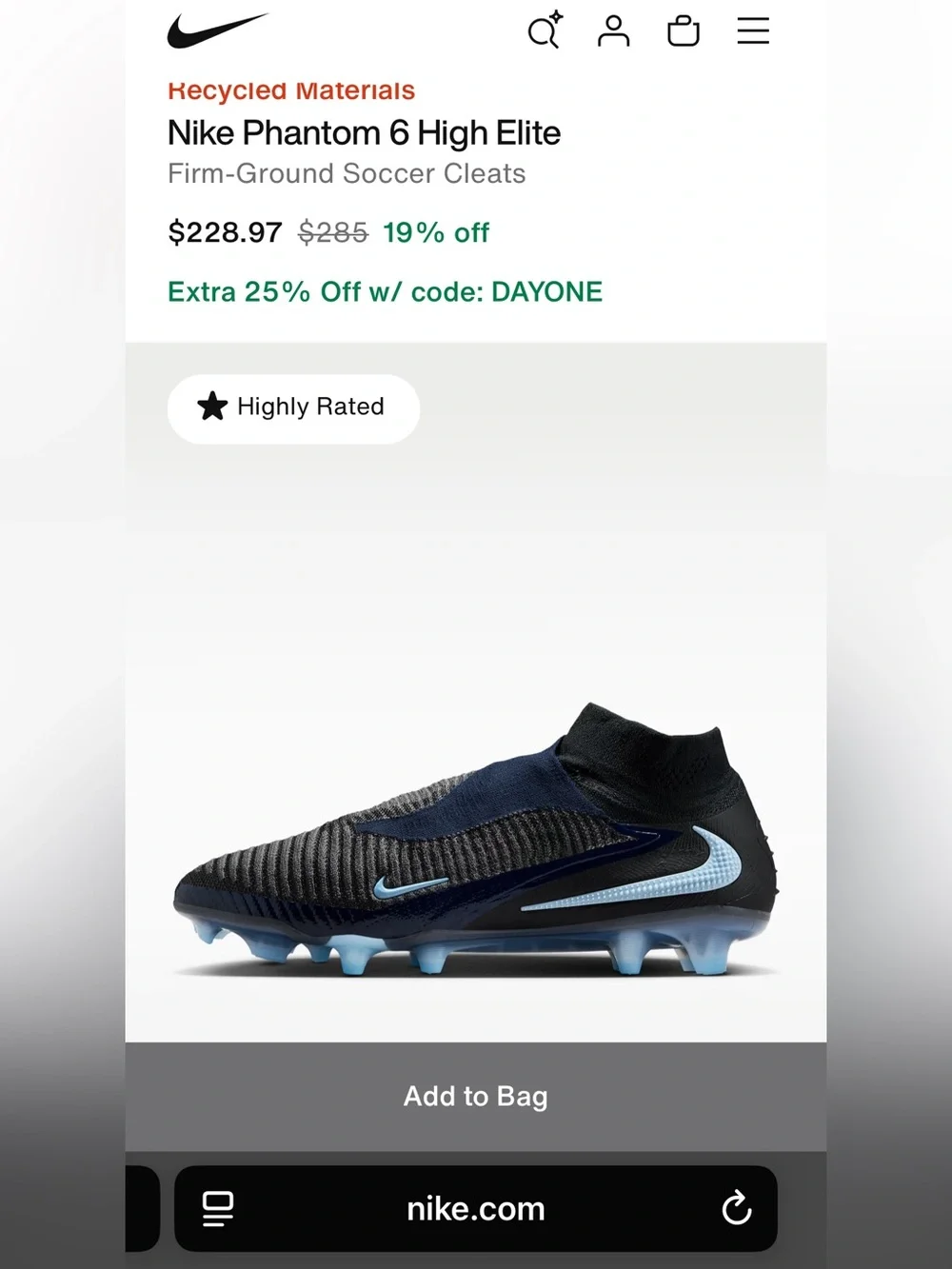 Nike Phantom 6 Elite Black & Light Blue Soccer Cleats - Men’s 6.5/Womens 8